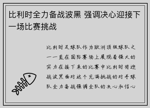 比利时全力备战波黑 强调决心迎接下一场比赛挑战