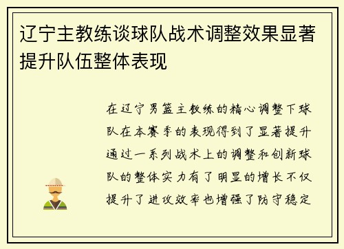 辽宁主教练谈球队战术调整效果显著提升队伍整体表现