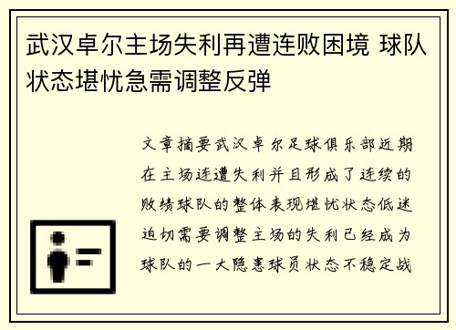 武汉卓尔主场失利再遭连败困境 球队状态堪忧急需调整反弹
