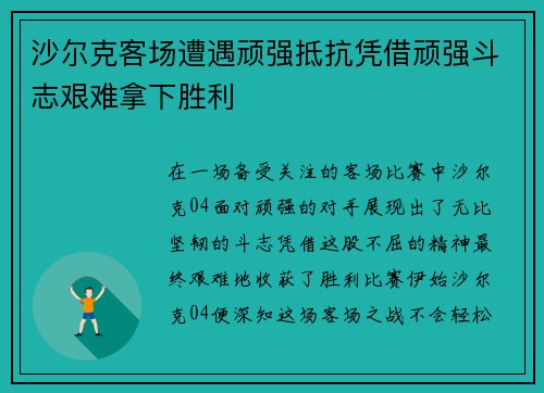 沙尔克客场遭遇顽强抵抗凭借顽强斗志艰难拿下胜利